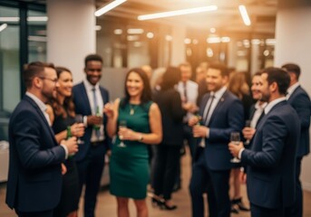Obraz premium Corporate Networking Event - Blurred of business professionals networking at a corporate event, holding drinks and engaging in conversation