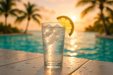 Refreshing Glass of Sparkling Water with Lemon by Pool at Sunset