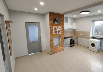 Modern luxury kitchen interior in minimal scandinavian style, 3d render