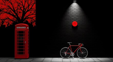 Red telephone booth with tree and bicycle against a black brick wall illuminated by a spotlight
