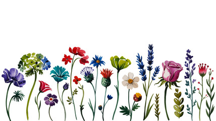 Obraz premium A detailed watercolor illustration of diverse wildflowers arranged horizontally on a clean white background