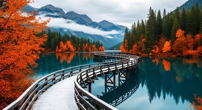 A winding wooden bridge over a blue lake surrounded by autumn trees and mountains in the background