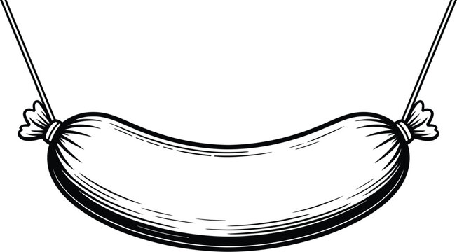 A black and white illustration of a sausage hanging from two strings on a white background space for text