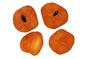 Ripe persimmon segments revealing seeds, vibrant orange interior, clean isolated backdrop perfect for culinary imagery