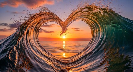 A wave forming a heart shape with a sunset in the background and water splashing around it all around