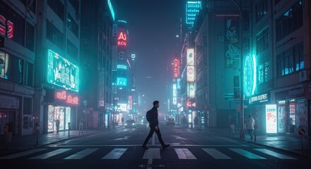 City street at night with neon lights
