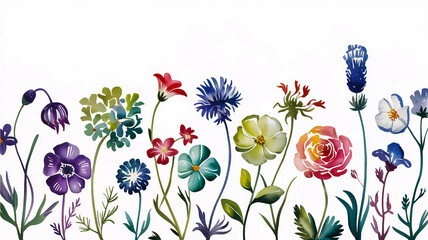 Obraz premium A detailed watercolor illustration of diverse wildflowers arranged horizontally on a clean white background