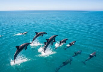 Obraz premium Dolphins Leap Ocean Joy - A pod of dolphins joyfully leaping and swimming in the vast ocean, symbolizing freedom, wildlife, marine life, nature, and adventure