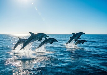 Fototapeta premium Dolphins Leaping in Ocean Sunlight - A pod of dolphins playfully leaps and splashes in the sunlit ocean water, creating a vibrant and energetic scene