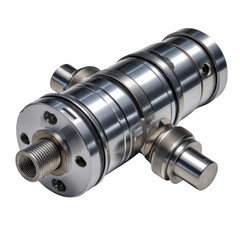 Detailed view of a complex metallic hydraulic cylinder isolated on transparent background