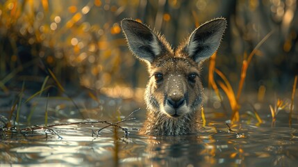 Close-up of a Young Kangaroo Submerged in Water in a Bush Setting