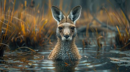 Close-up of a Young Kangaroo Submerged in Water in a Bush Setting