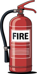 A red fire extinguisher with a black hose and the word fire on it against a white background scene view