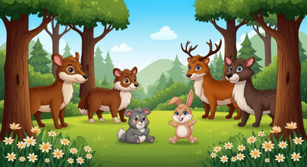 Forest Friends Gathering - A heartwarming scene of woodland creatures: deer, fox, wolf, rabbit, and a small rodent, gathered together in a sunny forest clearing, symbolizing friendship, nature,