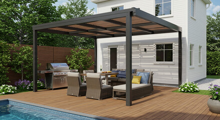 Modern Pergola Design Outdoor Living Space with Grill Backyard Patio Furniture Luxury Home Poolside