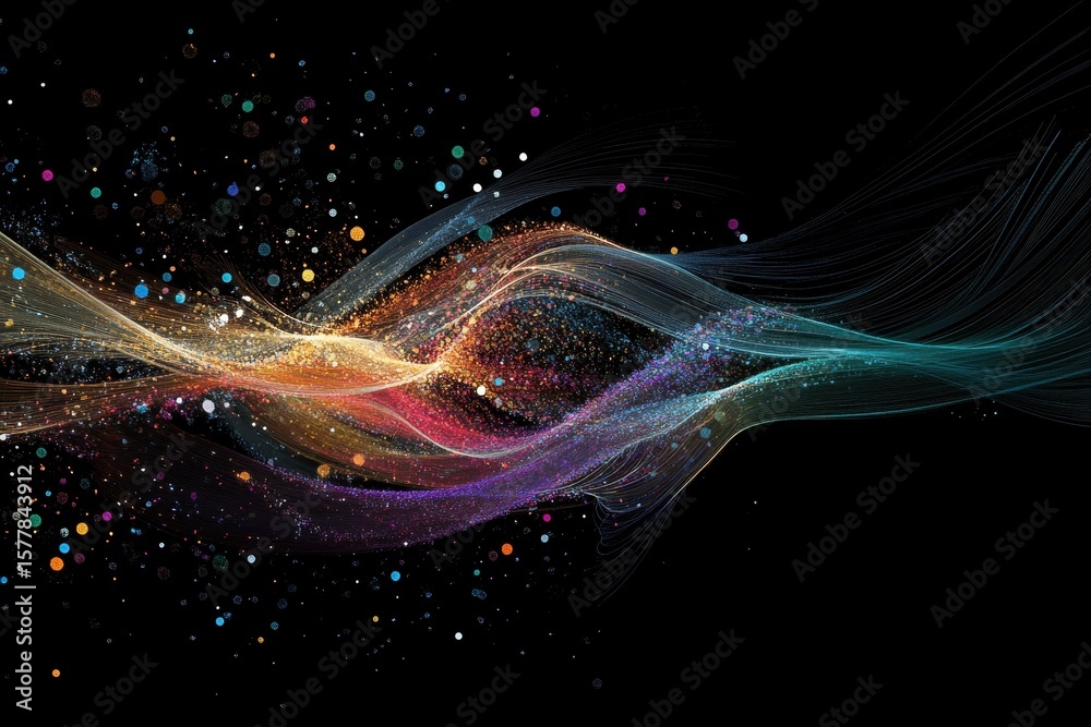 Poster dynamic data processing visualization against a deep black background showcasing vibrant colors and 
