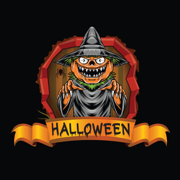Scary Pumpkin Monster with Witch Hat and Halloween Banner
