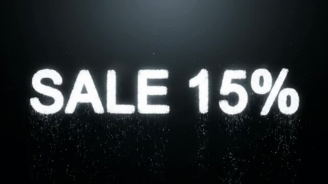 Seamless loop of bold &ldquo;SALE 15% OFF&rdquo; text made of glowing 3D particles assembling and dispersing in slow motion over a dark gradient background. Subtle dust particles float in the space for depth.



