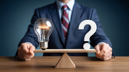 Businessman Weighing Ideas,Lightbulb vs Question Mark on Scale,Businessman weighing ideas and questions,Business person weighing options and decisions,weighing ideas and questions in office,Golden,Ai