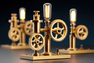 Obraz premium Vintage Industrial Gear Clock Design with Edison Bulb for Retro Home Decor and Unique Lighting Source