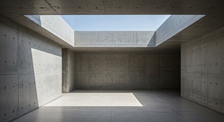 Modern Concrete Room with Skylight - Minimalist interior design, concrete architecture, natural light, open space, clean lines. Symbolizing simplicity, serenity, modernism, elegance, and light