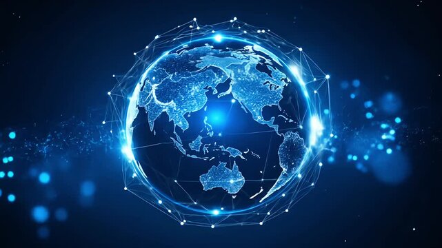 A glowing blue globe surrounded by a network, against a dark backdrop