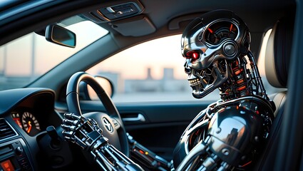 Fototapeta premium Futuristic Robot Driving a Car - Cyberpunk Concept Art