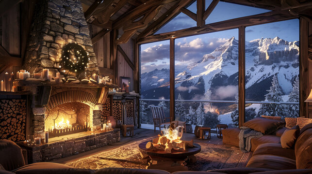 Cozy cabin interior with fireplace and mountain view through large windows on a winter day scene .
