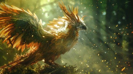 Majestic Mythological Grifflike Creature with Feathered Wings in a Golden Forest