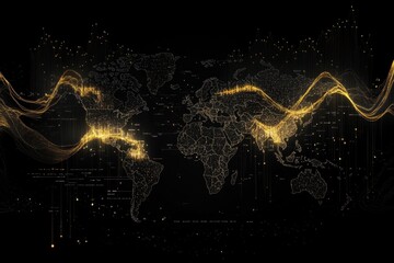Financial data processing visualization over a world map on a black background, financial data processing over world map on black background