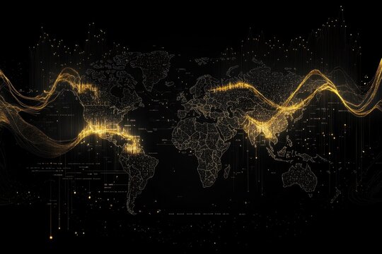Financial data processing visualization over a world map on a black background, financial data processing over world map on black background
