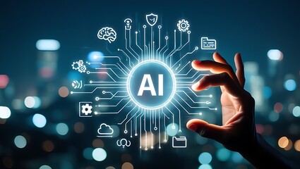 Artificial intelligence concept with icons and a human hand reaching out, AI integration in modern technology with glowing symbols , Human interaction with intelligent systems shown in a modern design