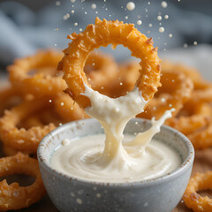 a bowl of onion ring with suace