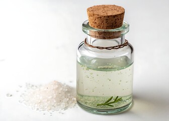 Clear glass bottle with cork and rosemary sprig beside salt