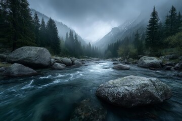 Mystical River Flowing Through a Misty Forest Landscape