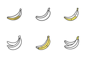 Obraz premium Banana icon set for fruit blogs, healthy snack clipart, smoothie recipes, nutrition materials, food illustrations, and tropical product presentations
