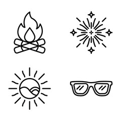 Civic Holiday Outdoor Icons Campfire, Fireworks, Sun with Wave, Sunglasses Set