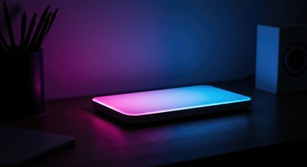 Colorful illuminated rectangular object on desk
