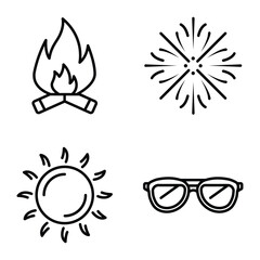 Civic Holiday Outdoor Activity Icons Campfire, Fireworks, Sun, and Sunglasses