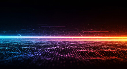 Abstract background with glowing horizontal lines and a dotted grid surface in blue and red