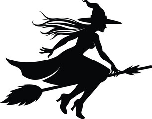 Classic Halloween Witch Silhouette Black Vector Illustration for Design Projects