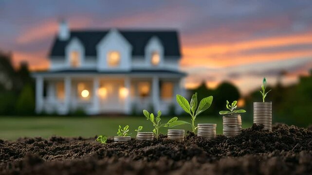 Hand gently placing a coin into soil where a tiny plant has begun to sprout, a small family home framed by the fiery colors of sunset in the background, illustrating nurturing inve