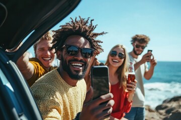 Multinational friends enjoying a beach day together while capturing memories, Smiling multinational friends taking cell phone pictures with beer in trunk of car near estuary