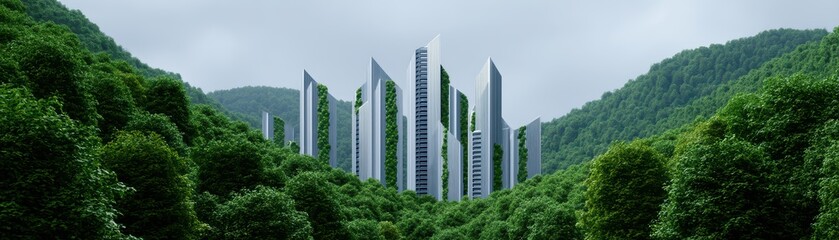 Obraz premium Futuristic Urban Skyline Surrounded by Lush Green Forest and Mountains in a Modern Landscape