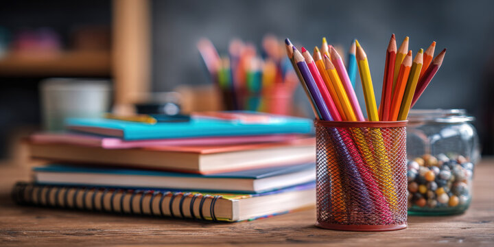 A close-up view of a wooden desk featuring a collection of school and office supplies, including a ceramic holder filled with colorful pencils, various notebooks, pens, and jar of miscellaneous items
