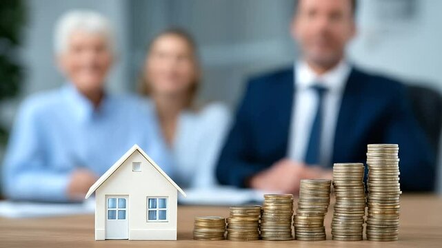 Modern office scene with a confident advisor explaining mortgage options to a young couple, with symbolic wooden house models and ascending coin piles arranged like a financial roa