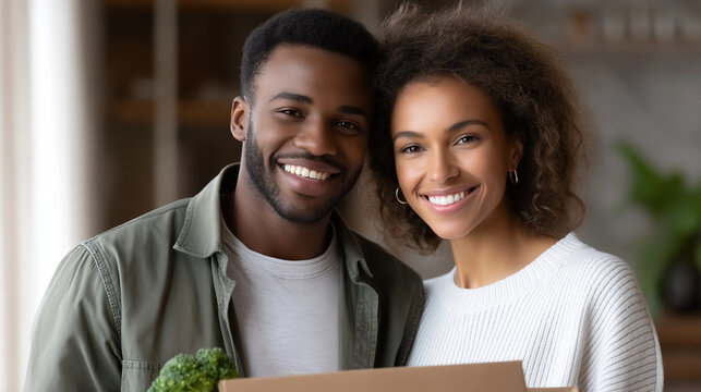 Joyful couple unpacking groceries at home in soft lighting - Powered by Adobe
