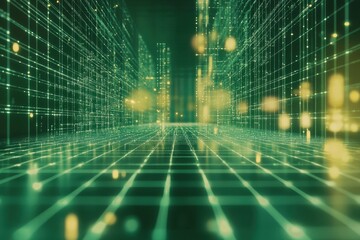 Digital code and data processing illustrated through green grid background with glowing elements, Digital code and data processing over green grid background