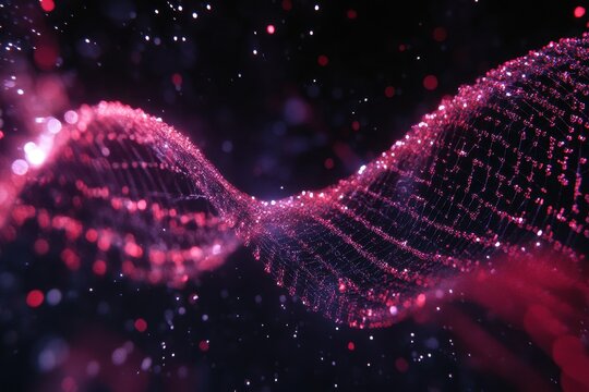 Data processing displayed over a vibrant DNA strand on a dark backdrop, data processing over dna strand on black background - Powered by Adobe