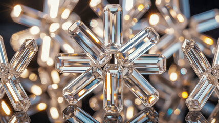 Close up of a sparkling crystal chandelier with blurred warm lights in the background
